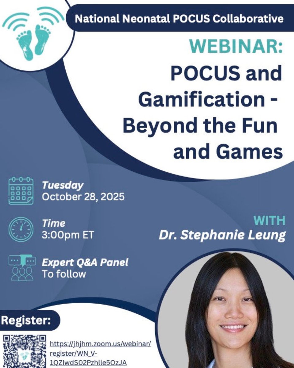October webinar alert! 🔔 🥳join us on
Tuesday, October 28th at 3pm ET to learn from the amazing  
Dr. Stephanie Leung as she discusses the gamification 🎮 of POCUS. Register ✏️ via QR code or online at neopocuscollab.com @neopocuscollab #POCUS #Neonatology #Pediatrics