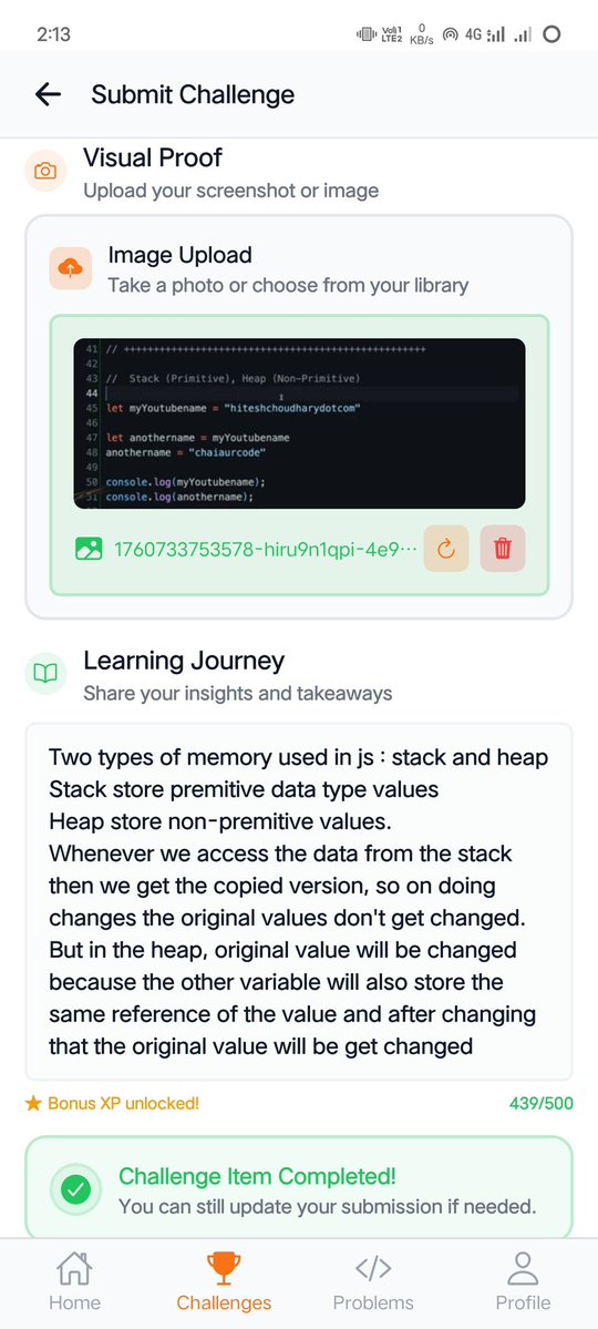 iamabhishek012's tweet image. #Day9 completed of #25daysjschallenge in masterji app. Today revised the concept of Stack and Heap. @ChaiCodeHQ @Hiteshdotcom #JavaScript #developer #Jobs