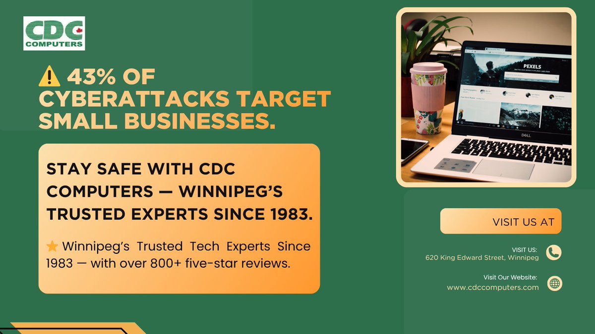 CDCComputers's tweet image. ⚠️ 43% of cyberattacks target small businesses.
Stay safe with CDC COMPUTERS — Winnipeg’s trusted experts since 1983.
⭐ 700+ five-star reviews.
📍 620 King Edward Street | cdccomputers.com
#CyberSecurityMonth #WinnipegTech #SMBProtection #Since1983