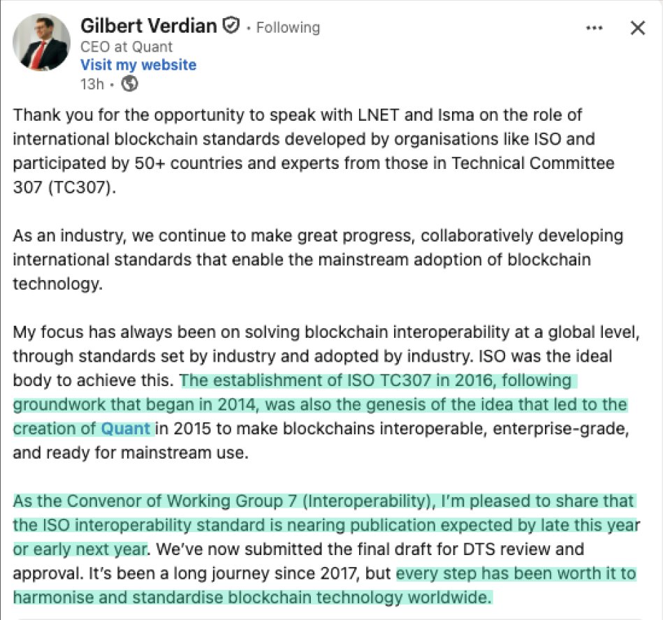 Some exciting updates from $QNT CEO Gilbert Verdian

"The ISO interoperability standard is nearing publication expected late this year or early next year"🔥

It's been a long time coming but the ISO Standard for ALL of Blockchain &amp; DLT is near

Gilbert founding ISO TC 307 back in