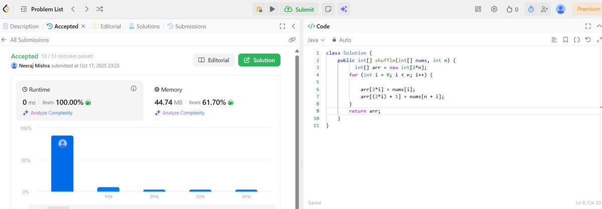 NeerajMishr12's tweet image. 🚀 Day 20/100 – CRUD + DSA 💡
✅ React: Create & Read + CSS in components 🎨
✅ DSA:Kids Candies 🍬 & Shuffle Array 🔁
Fun fact (Kids Candies):replaced if-else → add(cond)
Runtime 1 ms → 0 ms 🤯
Still O(n)!CPU branch skip = tiny win ⚙️
#100DaysOfCode #ReactJS #BuildInpublic