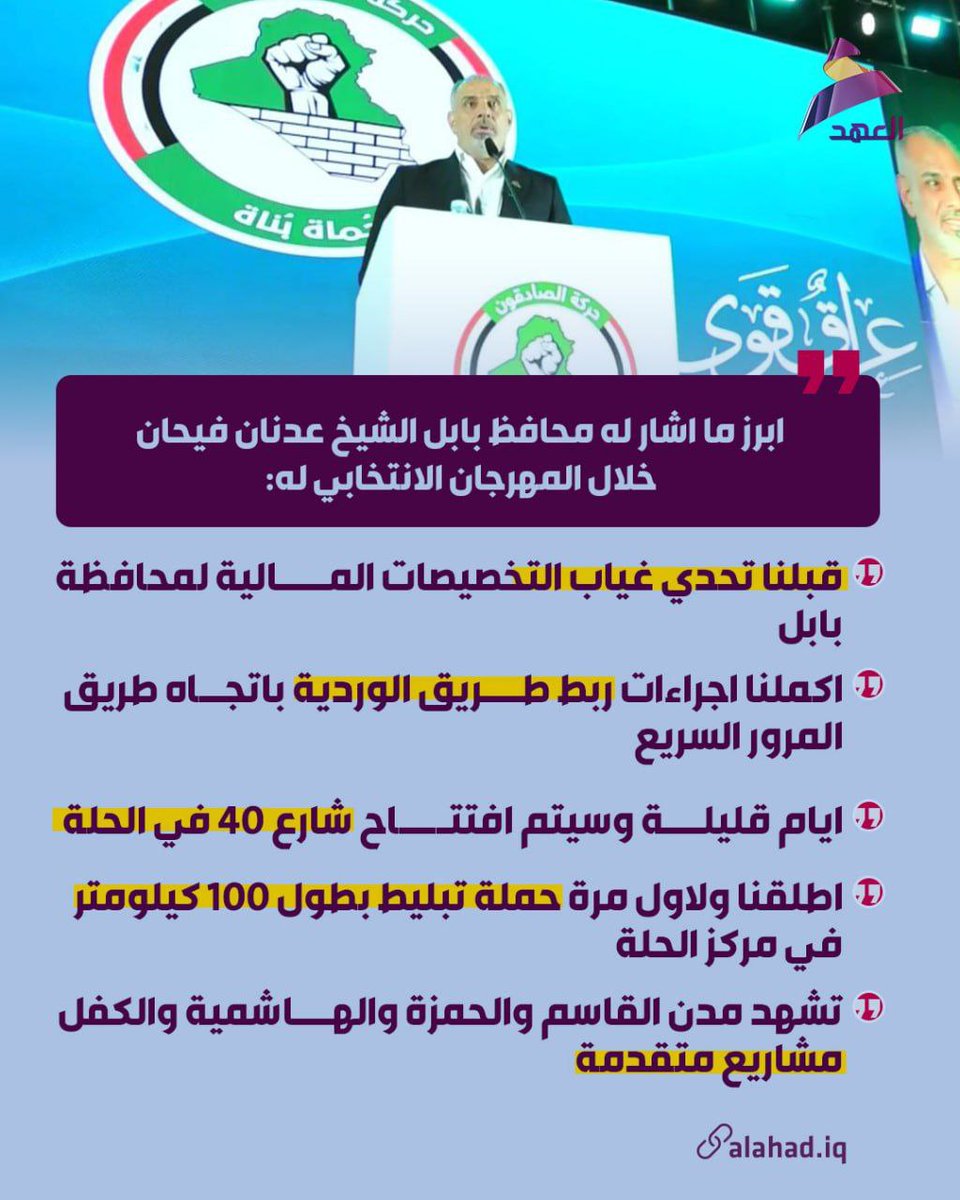 تعرف على ابرز ما أشار له محافظ بابل الشيخ عدنان فيحان خلال المهرجان الانتخابي المركزي له:
#٢٠٢_حركة_الصادقون
#مشاركون_بأمر_المرجعية
#عراق_قوي