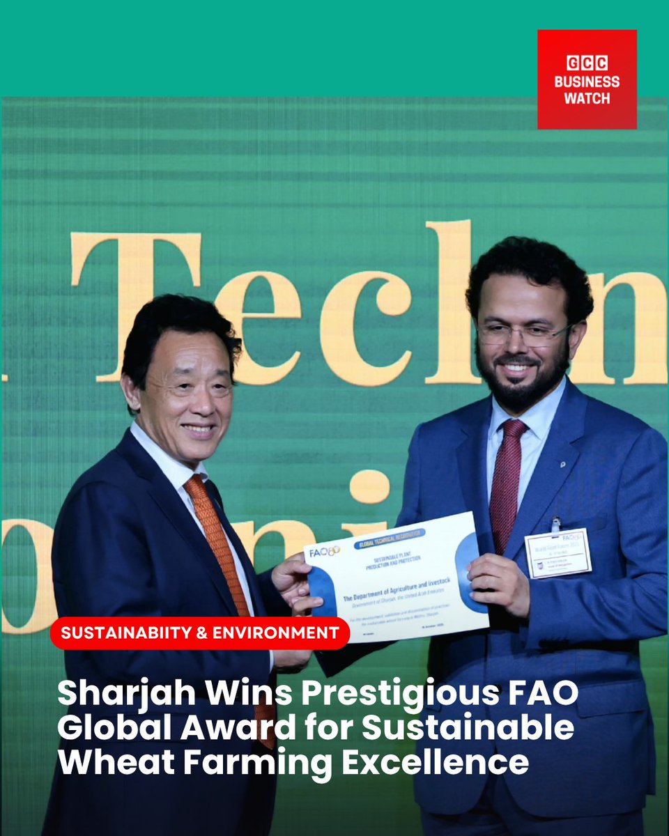 Sharjah wins the FAO Global Award for Sustainable Wheat Farming , a milestone in UAE’s agricultural innovation!  
الشارقة تفوز بجائزة الفاو العالمية للزراعة المستدامة في زراعة القمح  إنجاز يعزز ريادة الإمارات في الابتكار الزراعي!
Read the Full Story:  lnkd.in/ghEJtNGA