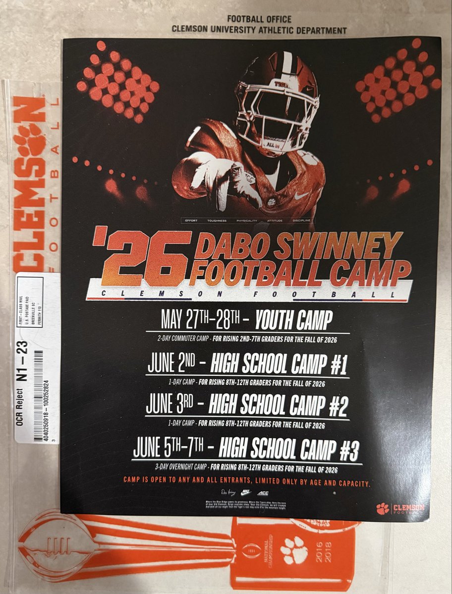 Excited to receive this in the mail today from Clemson University! 🐾
Appreciate the invite to the 2026 Dabo Swinney Football Camp 🐅🏈
Always grateful for every opportunity to learn, compete, and get better. <a href="/ClemsonFB/">Clemson Football</a> <a href="/ClemsonUniv/">Clemson University</a> <a href="/ClemsonTigers/">Clemson Athletics</a>