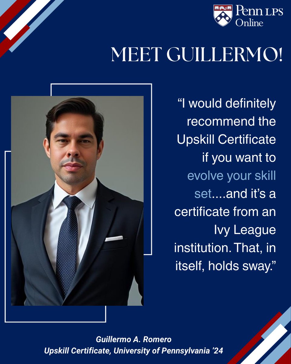 Guillermo A. Romero (Upskill Certificate ’24) wanted to boost his resume without jumping into a full degree. The Upskill Certificate gave him a personalized, short-term path forward. Learn more: bit.ly/3QyxqFK 

#PennLPSOnline #lifelonglearning #upskill #certificate