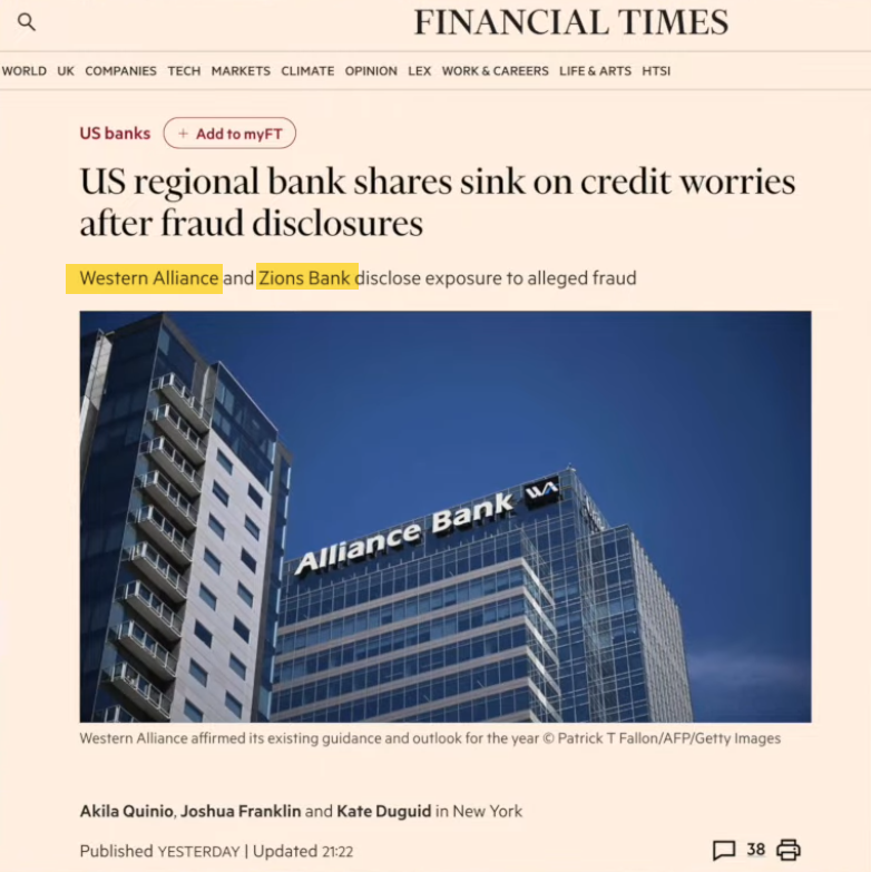 DaysOfNoahh's tweet photo. #Bankfailures will be headlines again. Important for people stupid enough to keep large amounts of cash in a bank (these are technically loans you give the bank!).
They often choose institutions to crash with a symbolic name:
#ZIONS. AKA ISRAEL
#WesternAlliance. AKA NATO https://t.co/j1nQFj1gyf