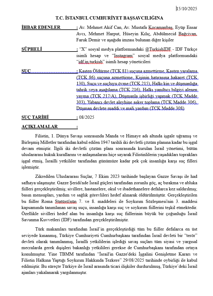 IDF TÜRKÇE Suç Duyurusu dilekçemiz: