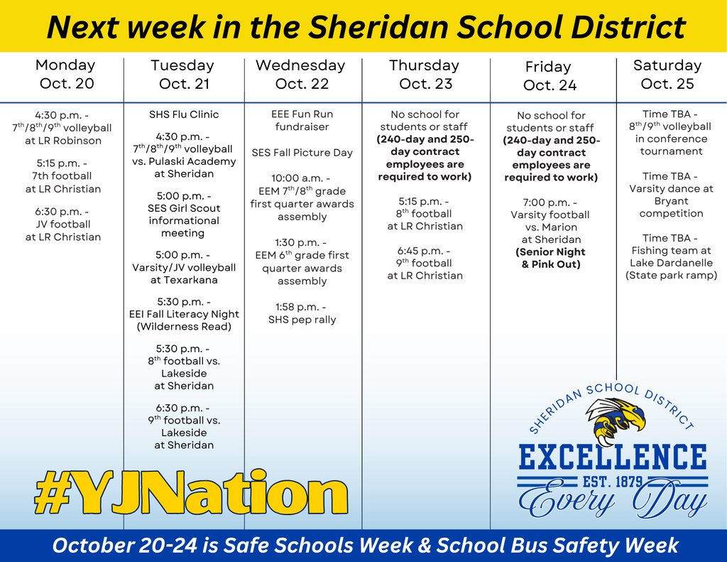 Here’s what’s happening next week in the Sheridan School District!

#YJNation #ExcellenceEveryDay