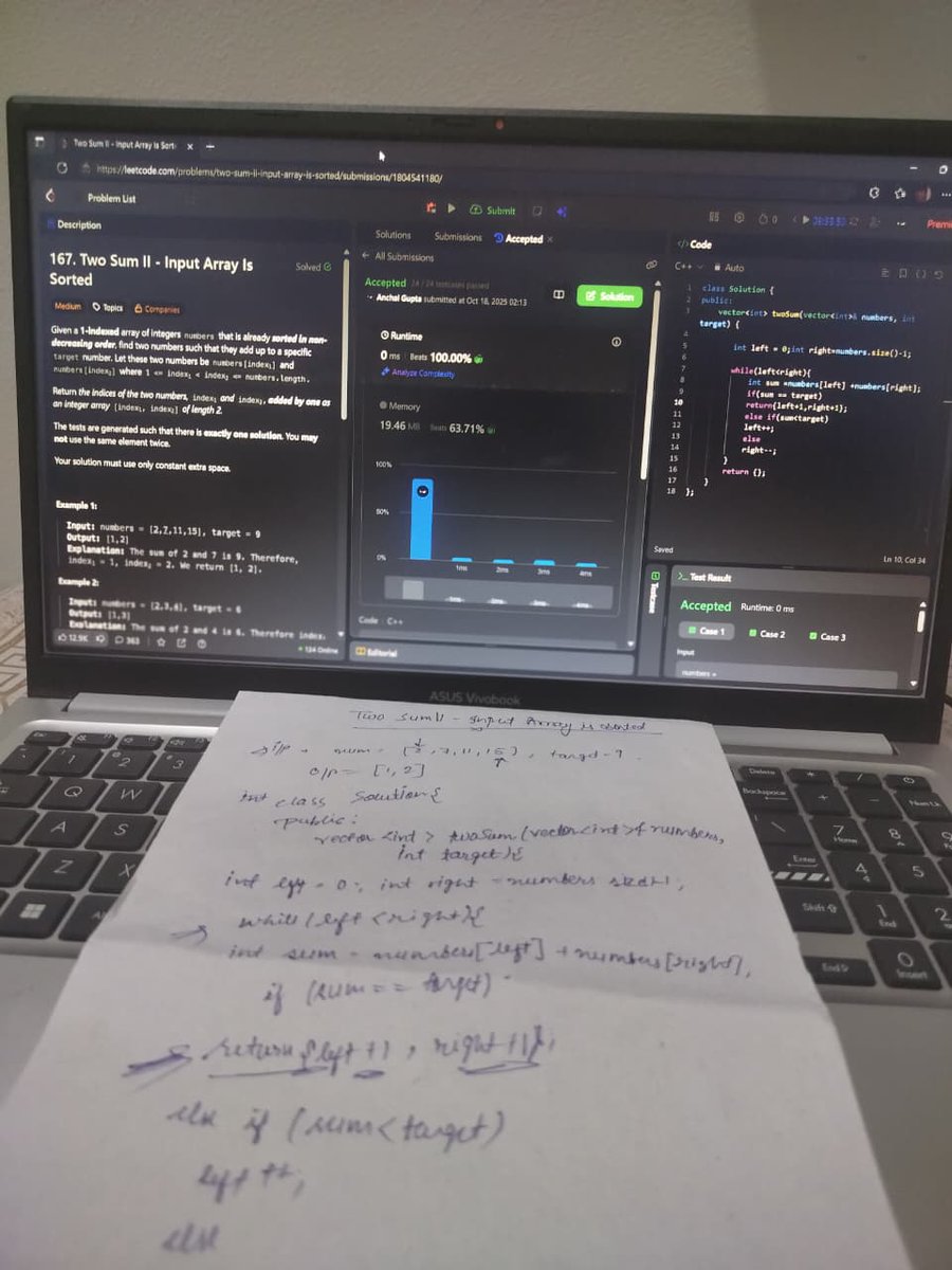 AnchalGupta009's tweet image. Day 26: Two Sum II
Two pointers chasing one target 🎯
Clean logic, clear direction, constant pace
#LeetCode #CPP #CodingLife #Developer