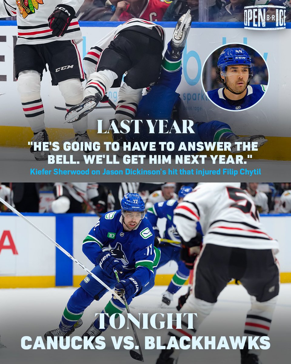 Late last season, a Jason Dickinson hit injured Filip Chytil, ultimately costing him the rest of the season. After the game, Kiefer Sherwood said they would “get Dickinson next year.”

Friday night: Vancouver vs. Chicago 🍿🎇
