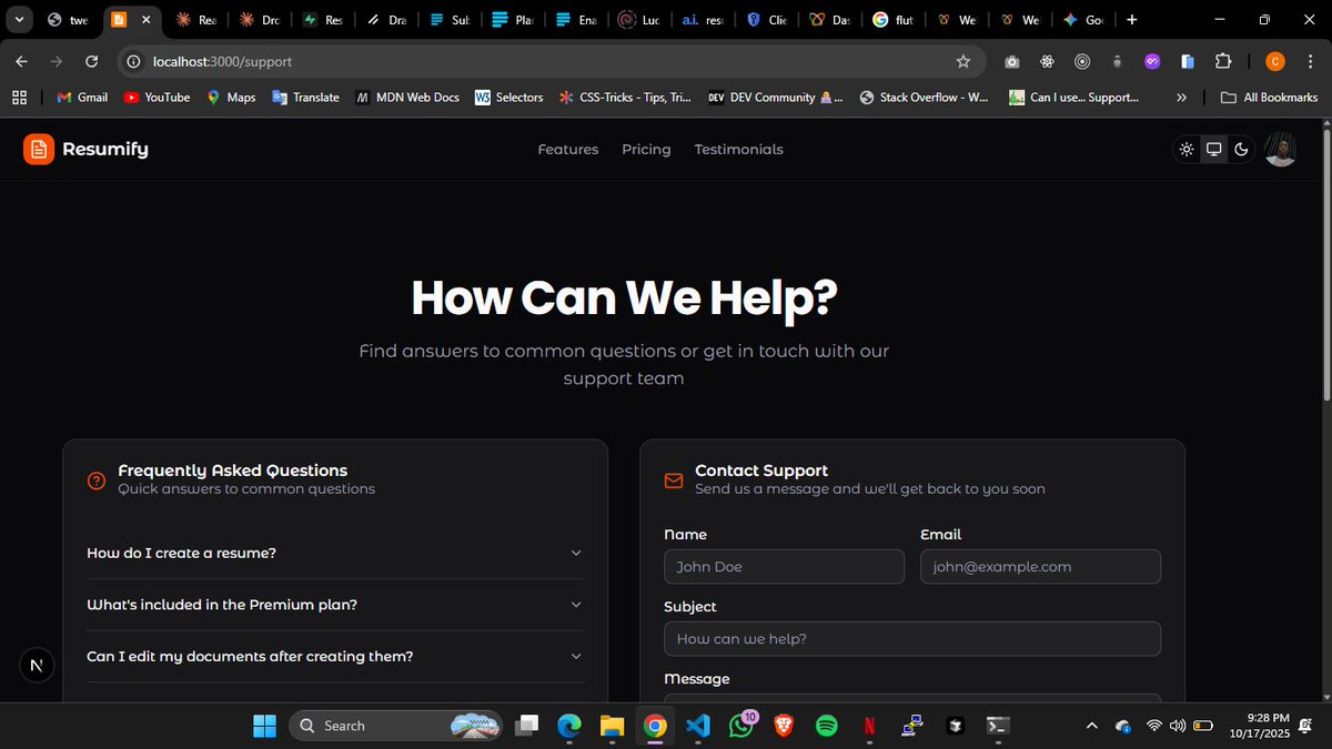 phillips464's tweet image. 🧩 Day 14 of Resumify
Today was about cleanup & refinement.
✅ Designed the support page + form
✅ Worked on the settings page layout
🛠️ Fixed minor issues across the app
Tomorrow diving into settings functionality.
#Resumeify #buildinpublic #Nextjs #React