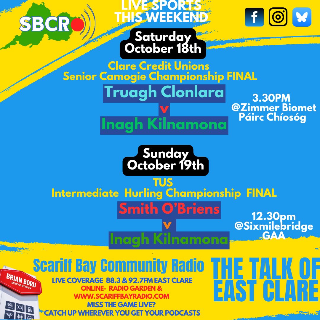 scariffbayradio's tweet photo. Live ⁦@ClareCamogie⁩ and ⁦@GaaClare⁩ finals this weekend
⁦@SOBGAA⁩
⁦@OfficialTruagh⁩ ⁦@inagh_kilnamona⁩ 
⁦@CRAOL⁩ 
⁦@BrennanEoin⁩ ⁦@thepmanofficial⁩ ⁦@ClareEcho⁩ ⁦@ClareChampion⁩ https://t.co/xXgSdg54K5