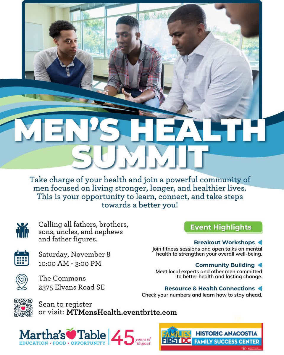 🌟You're Invited! RSVP to our Men's Health Summit on Saturday, November 8th 🌟

We welcome all fathers, brothers, sons, uncles, and nephews living in Wards 7 and 8. This day is for you. 

✨ Register now: shorturl.at/eBzHn