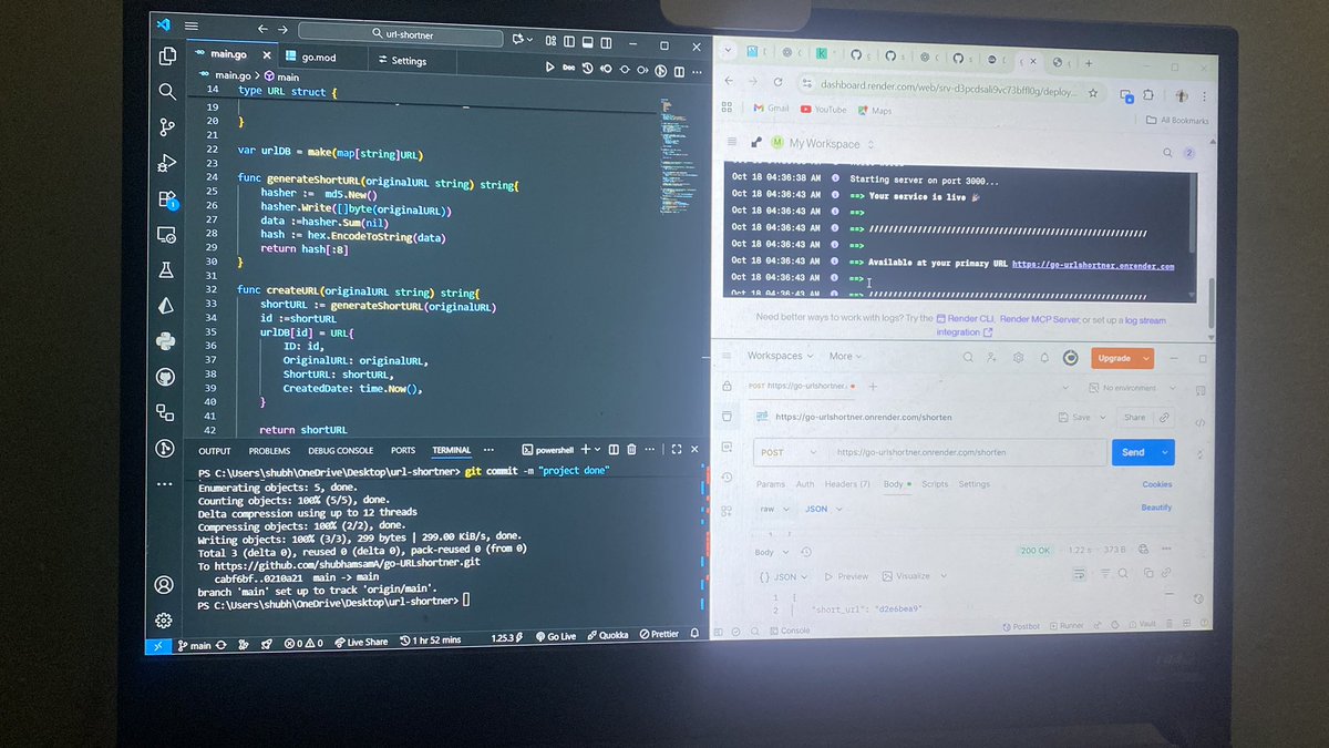 Intsam32's tweet image. Built a tiny but fully functional Go backend for shortening URLs! 🌐 First time using Go, learned about hashing, maps, and HTTP handlers. Every bug fixed was a step forward in my learning journey. #GoLang #100DaysOfCode #FirstProject
Github for working - github.com/shubhamsamA/go…