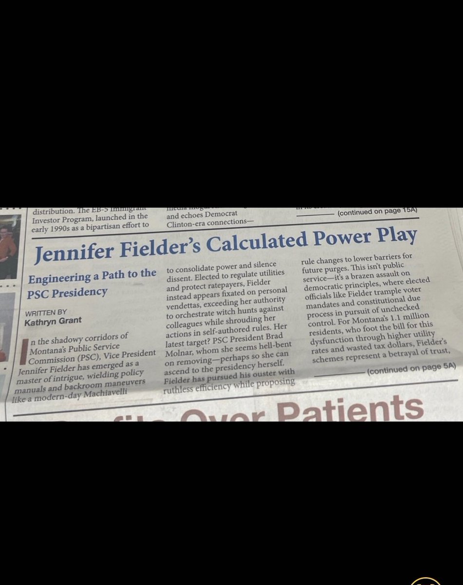 🚨🚨Montana PSC Saga Continues 

For those of you who reached out to me, begging for me to retract my exclusive story about the Public Service Commissioner Jennifer Fielder, remember I always am ahead of the news curve.

Here is a publication solidifying all the facts I reported