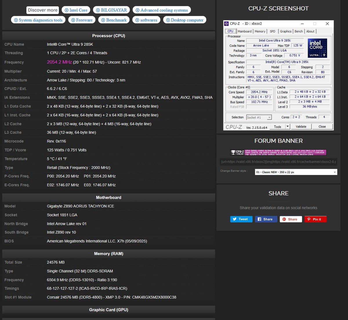 IntelTech's tweet image. Absolutely incredible performance from sergmann setting a new memory overclock world record with 13010 MT/s (6504.9 MHz) on @CORSAIR Vengeance DDR5 RAM with @Intel #CoreUltra 9 285k and @AorusOfficial Z890 Tachyon Ice! intel.ly/3WL7fi0