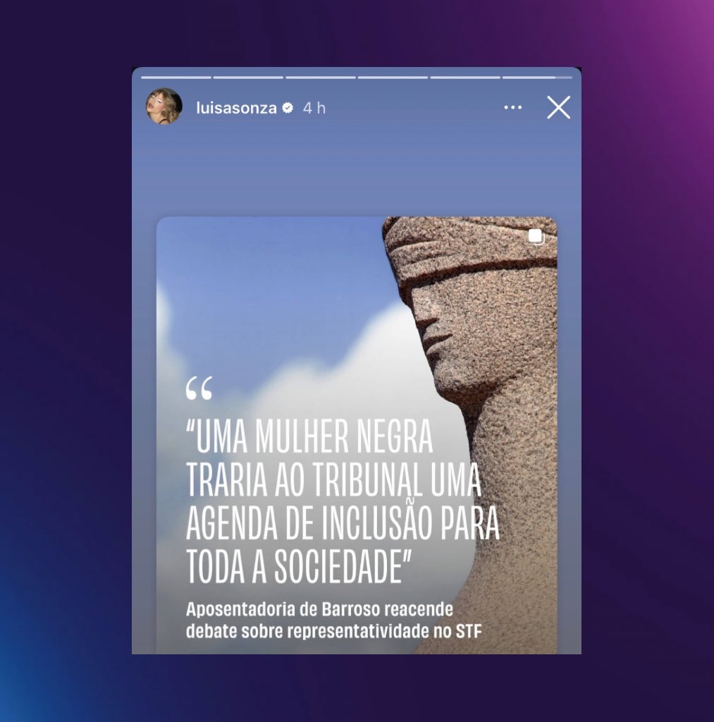 poponze's tweet image. Luísa Sonza se manifesta a favor da indicação de uma mulher negra ao STF.