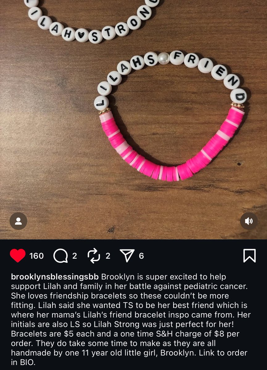 Taylor Swift donated $100,000 to this little girl with cancer ❤️!

—A few days ago, Lilah’s mom shared a picture of friendship bracelets with caption “Lilah said she wanted TS to be her best friend which is where her mama's Lilah's friend bracelet inspo came from.” 

Today,