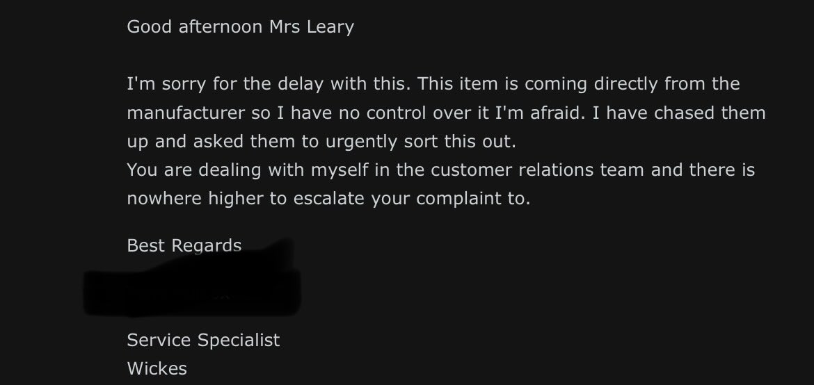 Amazes me that the owner of Wickes himself is apparently answering complaint emails! <a href="/Wickes/">WICKES</a> #wickeskitchen #proudasapeacock