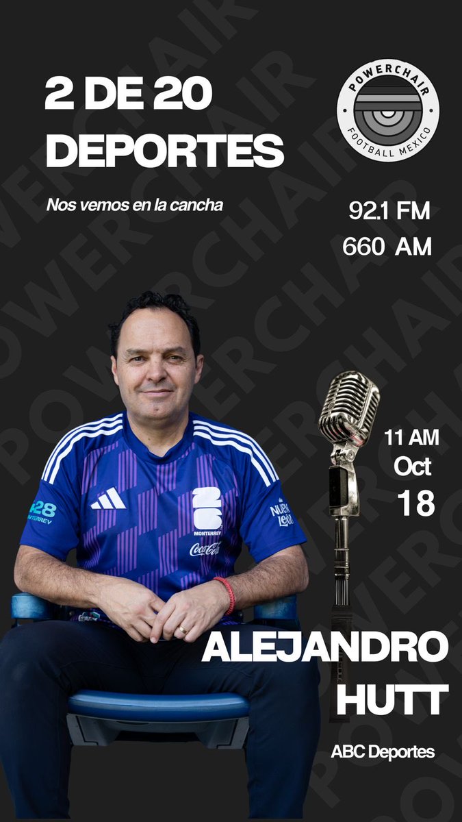 PowerchairMx's tweet photo. No se pierdan mañana por ⁦@abc_deportes_mx⁩ nuestro programa #2De20, invitado de lujo, Alejandro Hutt Host City Manager Monterrey FIFA World Cup 2026. #FIFA #ABCRadio #PowerchairFootball https://t.co/TvaQGtxop8