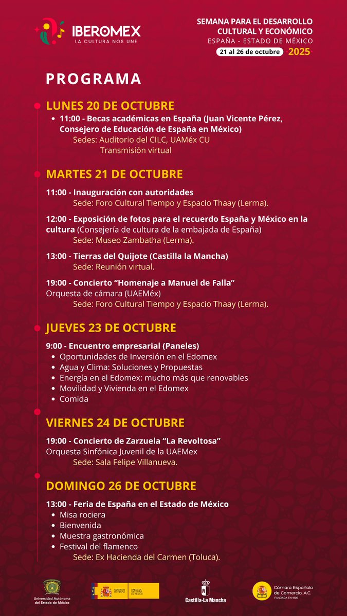 Les compartimos el programa de la Semana para el Desarrollo Cultural y Económico España–Estado de México 🇪🇸🤝🇲🇽

Del 20 al 26 de octubre habrá actividades gratuitas como conciertos, exposiciones, conferencias y encuentros empresariales.

Regístrate aquí 👉 iberomex.org