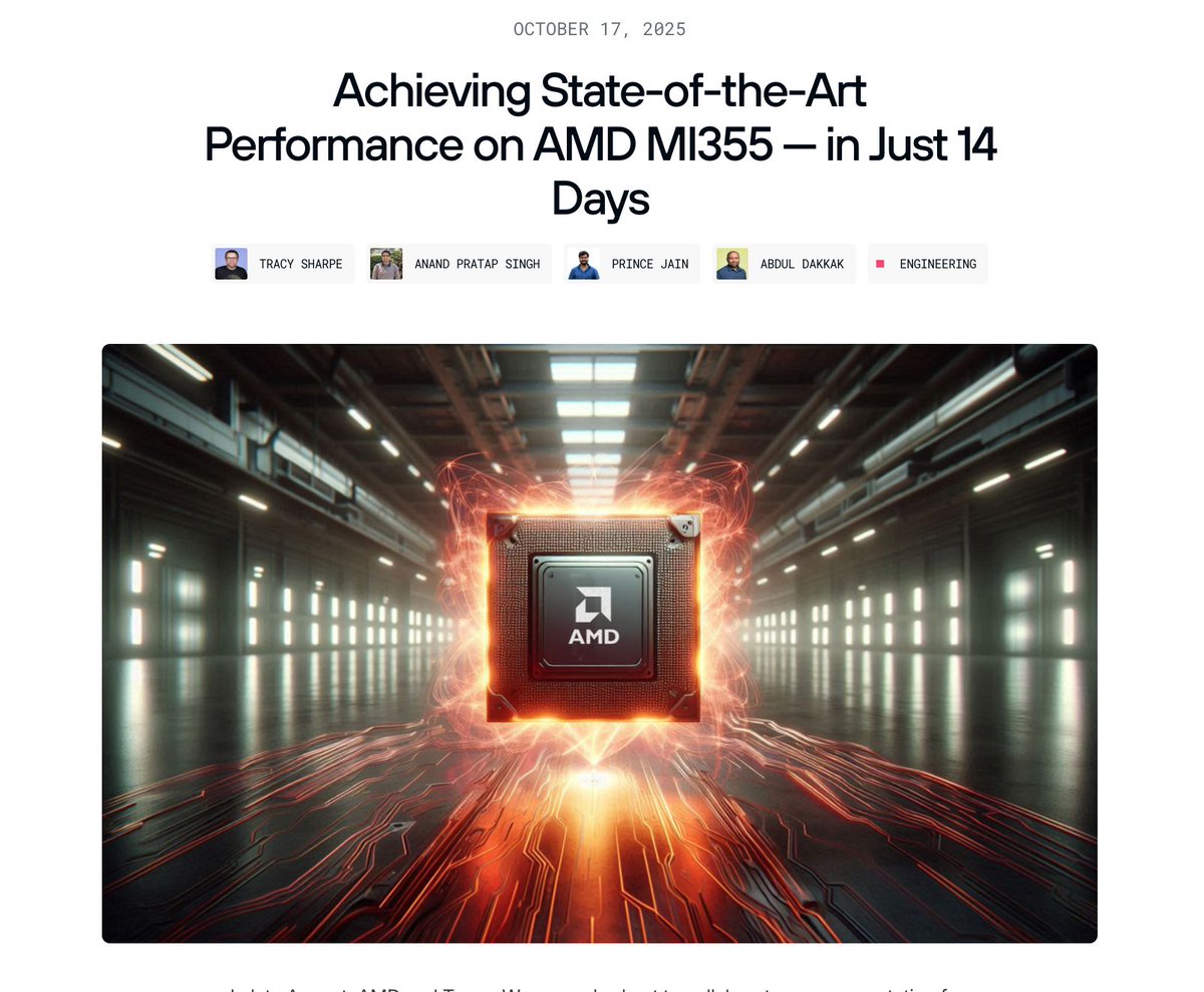 In just 14 days, <a href="/Modular/">Modular</a> achieved state-of-the-art performance with <a href="/AMD/">AMD</a> MI355X GPUs on @TensorWaveCloud 🚀

Check out the article in the link below 👇