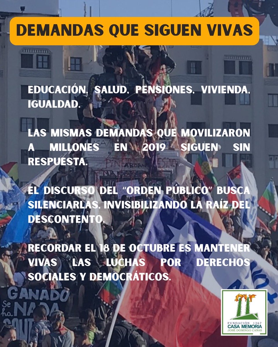 obsDDHHcl's tweet photo. A 6 años del #Estallido Social en Chile. Garantías de No Repetición, una promesa vacía. Por el derecho a defender derechos. Demandas que siguen vigentes. #ObservadoresDDHH #MemoriaYResistencia #CasaMemoriaJDC #18DeOctubre #Dignidad #DerechosSociales #MemoriaYProtestaSocial https://t.co/T1jMcJgXyd