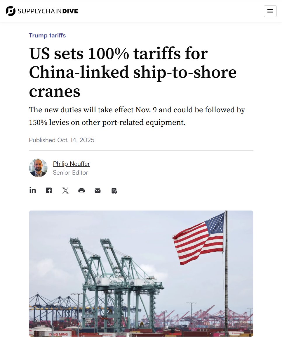 The response to these tariffs in the context of U.S. ports reveals 2 things.

1) The U.S. must move away from reliance on Chinese ship-to-shore cranes.

2) Domestic crane manufacturing is just getting started. We need strategic tariffs AND a reshoring strategy for port equipment.