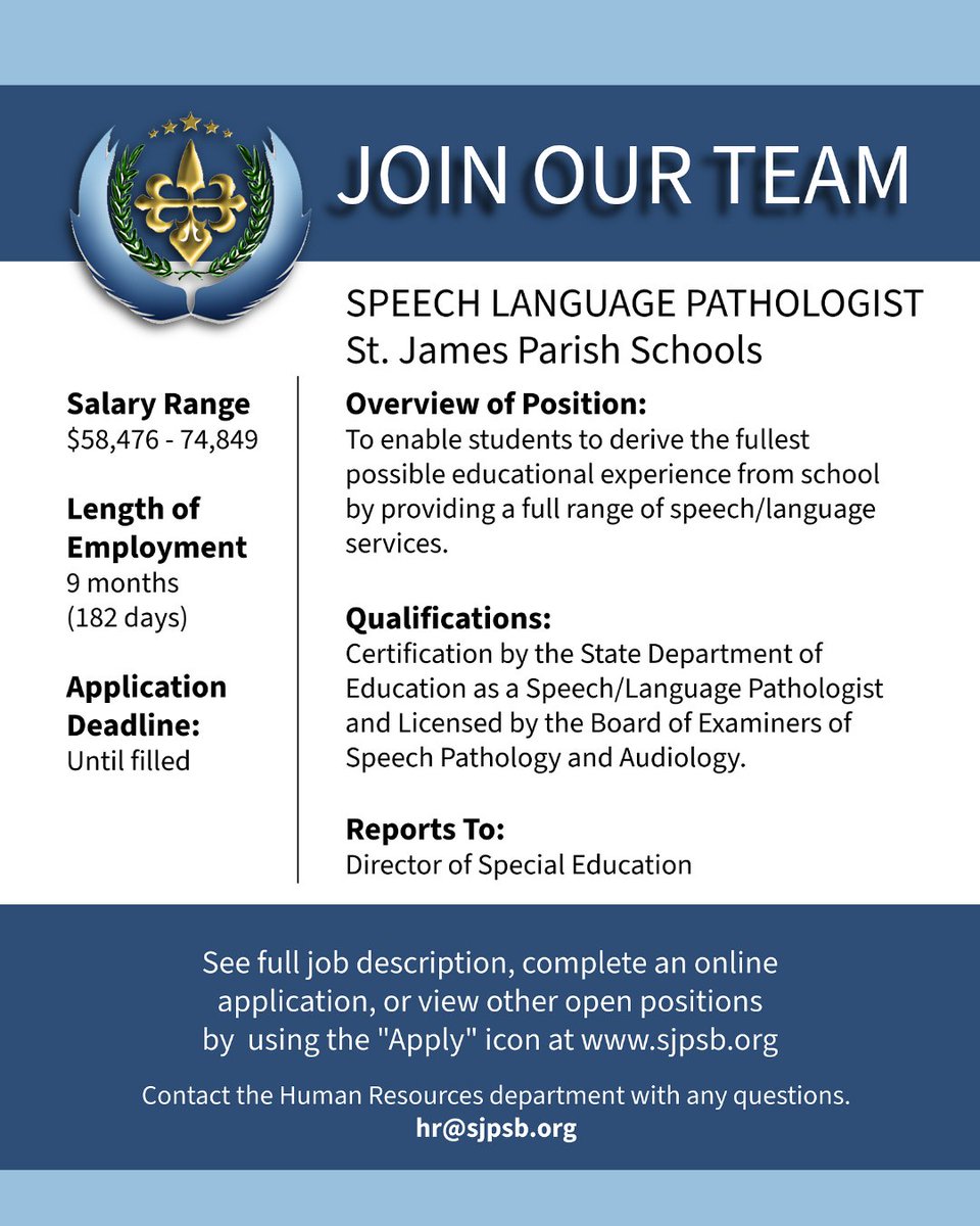 JOIN OUR TEAM! We are accepting applications for the following positions!

🔵 SPEECH LANGUAGE PATHOLOGIST

🔵 OCCUPATIONAL THERAPIST

To apply, please visit applitrack.com/stjames/online…

#ThePlaceToBe
