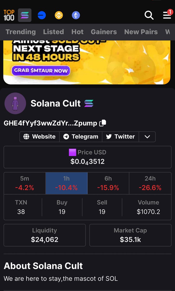 1fontDchart's tweet photo. 1.
$SOLCULT ๐ช just got listed on https://t.co/YGeELZ81Oo ๐ค
The CULT made it to the ranks and weโre just getting started. ๐
#SOLCULT #Solana #Top100Token
GHE4fYyf3wwZdYrXk2bBQ7mBoCEGDdHpDKtSHv9Zpump https://t.co/3scBdkpDGG