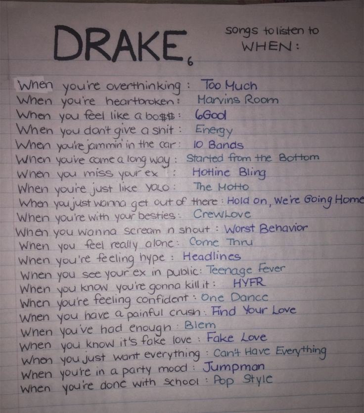 someone needs to make an updated list of the “drake songs to listen to when..” lists 😭😭