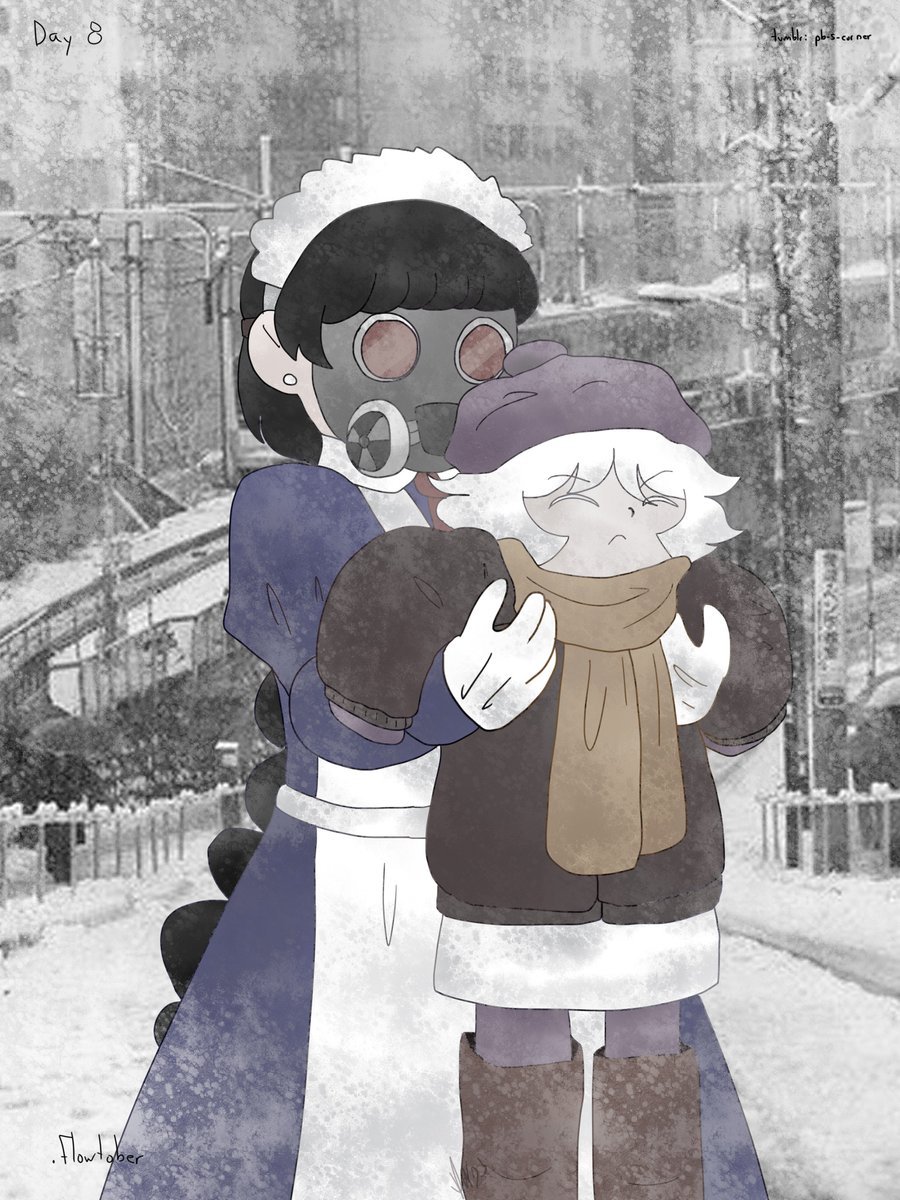 pb_s_corner's tweet photo. #dotflowtober2025 Day 8. Prompt: Snowday

Little Sabi with her caretaker, lovely! 

#dotflow #ynfg #gasmaskmaid #sabitsuki https://t.co/cs4dfLuGHb