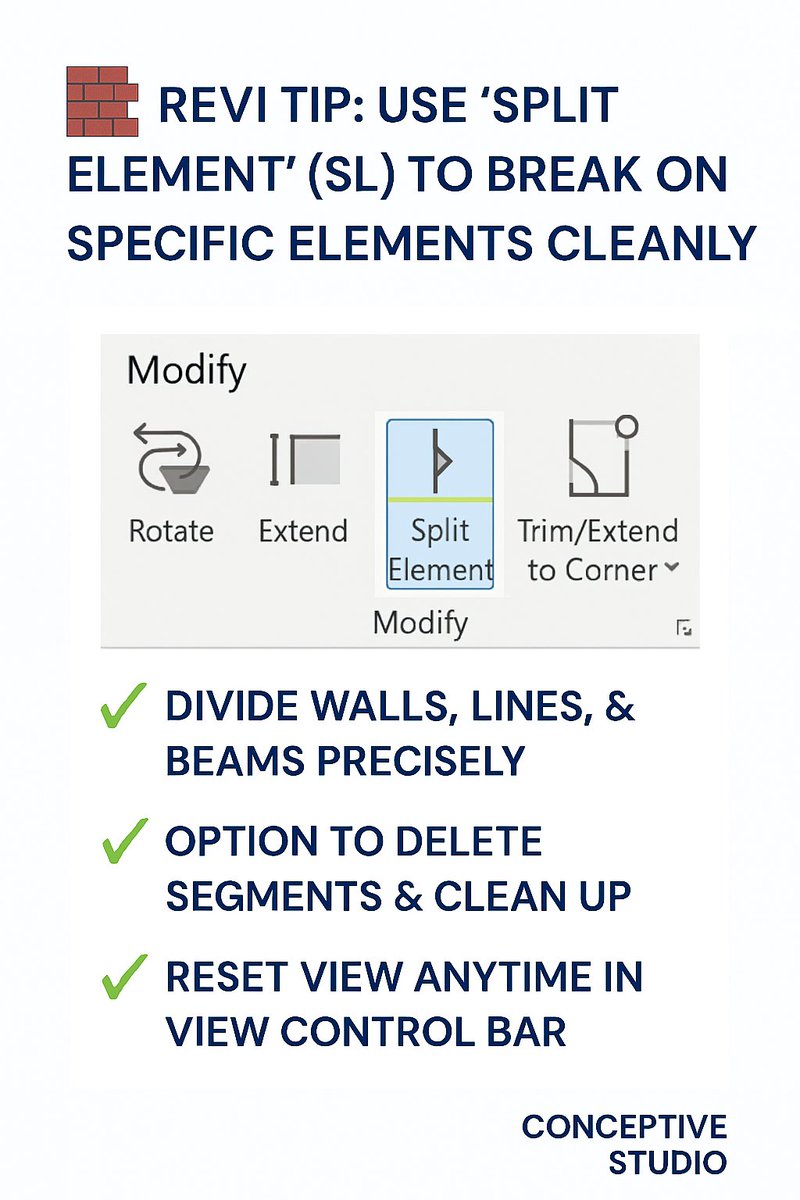 kumaravkm's tweet image. 🧱 Use “Split Element” (SL) to break walls or lines cleanly. #RevitTips #RevitMastery

#RevitTips
#BIMdaily
#ConceptiveStudio
#BIMcommunity
#RevitMastery

1/6