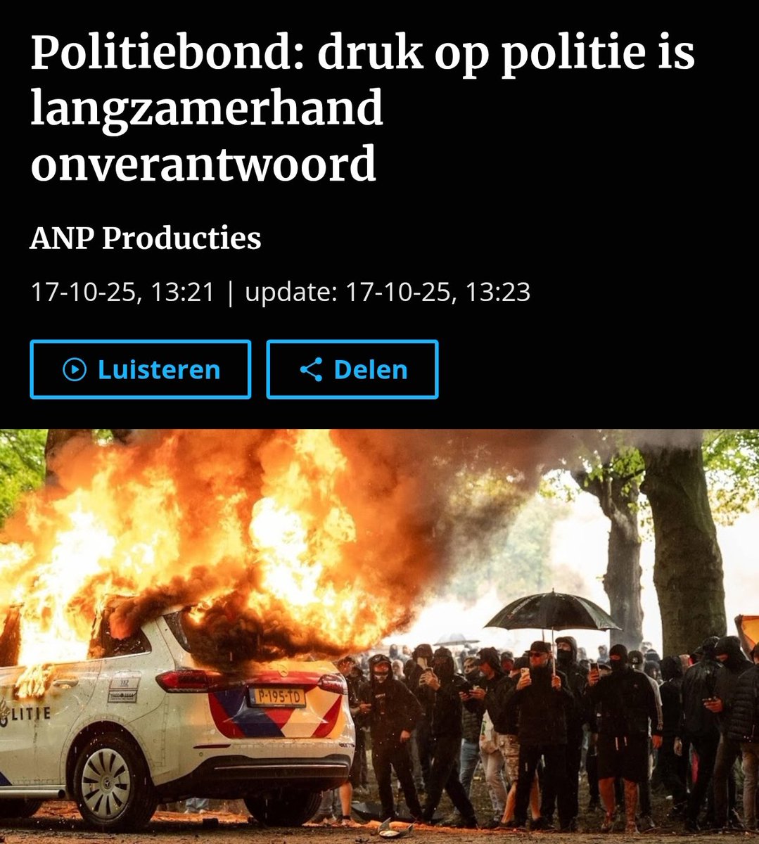 De druk op de politie door gewelddadige demonstraties neemt toe en agenten en ME’ers krijgen steeds meer te maken met „ongekend agressief en gepolariseerd” gedrag, stelt voorzitter <a href="/NineKooiman/">Nine Kooiman</a> van de grootste politievakbond, de NPB.

noordhollandsdagblad.nl/binnenland/pol…
#politie #geweld