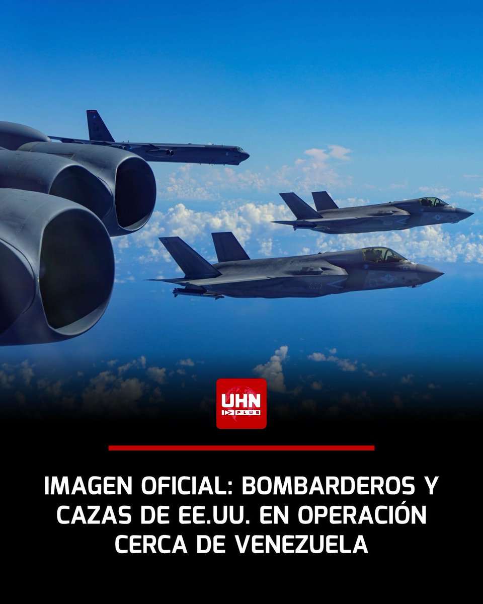 🇺🇸🇻🇪‼️ | ÚLTIMA HORA — La Fuerza Aérea de EE.UU. publicó las primeras imágenes de los bombarderos B-52H que ingresaron esta semana al espacio aéreo controlado por el régimen usurpador de Venezuela, escoltados por cazas F-35.