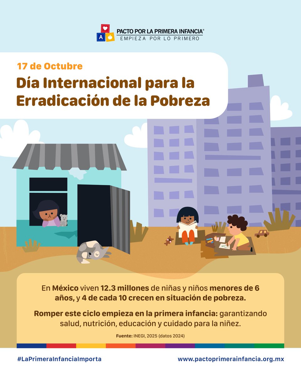 La pobreza no es solo un número.

En México viven 12.3 millones de niñas y niños menores de 6 años, y 4 de cada 10 crecen en situación de pobreza.

🌎Hoy 17 de octubre, Día Internacional para la Erradicación de la Pobreza, recordemos que romper este ciclo empieza en la primera