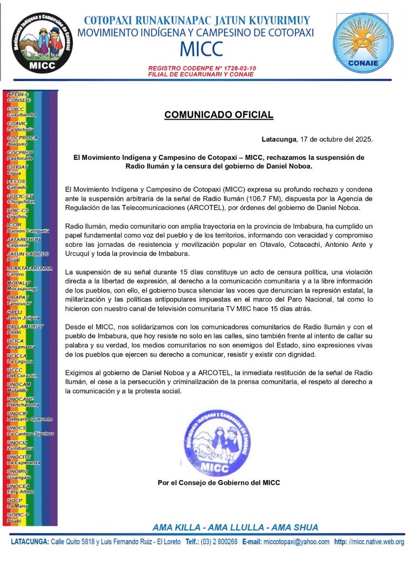 📢 Rechazamos la censura del gobierno de <a href="/DanielNoboaOk/">Daniel Noboa Azin</a>, el MICC condena la suspensión arbitraria de <a href="/IlumanFm/">Radio Iluman</a> (106.7 FM) por <a href="/Arcotel_ec/">Arcotel Ecuador</a>, un intento de silenciar la voz del pueblo y la resistencia en Imbabura.

¡Exigimos su restitución y respeto a la libertad de expresión!