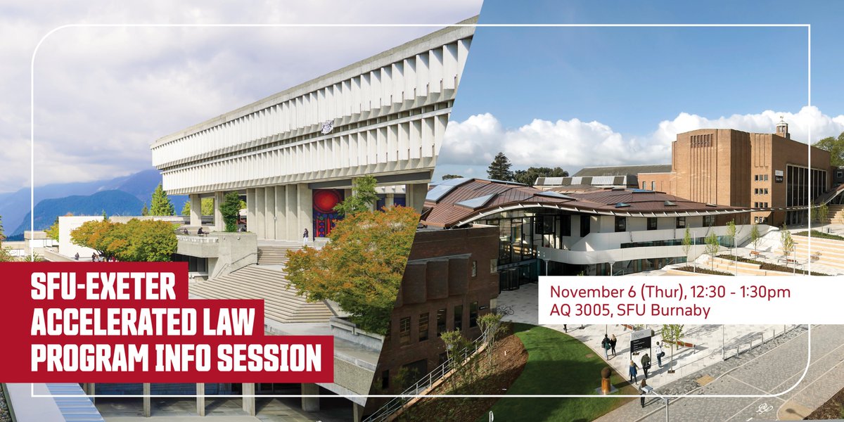 SFUFASS's tweet photo. Are you a current SFU undergraduate student interested in joining the new SFU-Exeter Accelerated Law Program? Learn about the internal transfer process at the Nov 6 info session on Nov 6. 
Register at: https://t.co/ReKghRGAhY https://t.co/aoLZN0EloU