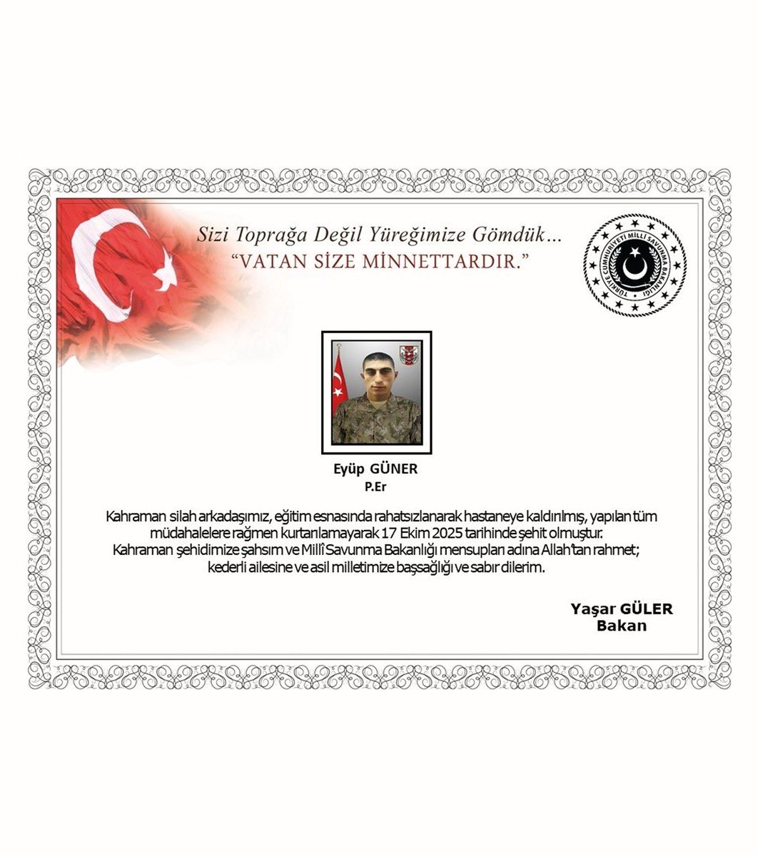 Piyade Er Eyüp Güner, eğitim esnasında rahatsızlanarak kaldırıldığı hastanede şehit oldu. 🇹🇷

AZİZ RUHUN ŞAD OLSUN ŞEHİDİM 🇹🇷 

Kalp rahatsızlığı olan birisine nasıl 
Elverişli raporu veriyorsunuz akıl alır gibi değil sisteminize sokayım VARYA neden araştılmıyor sebep olanlar.