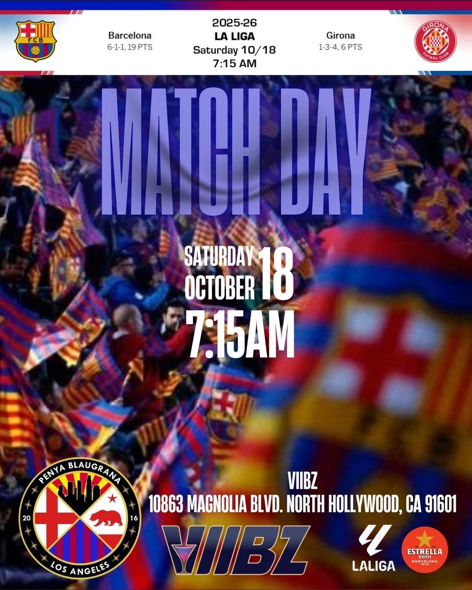 DERBI CATALÀ 🔵🔴🔥
Early kickoff? No problem. PBLA doesn’t hit snooze when it’s match day! ☀️
Doors open 7AM sharp at @viibzla —

Come wave the blaugrana and chant loud!
Membership signups will be available too talk to our leadership to join the family ❤️💙