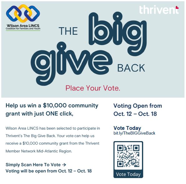 Out of 156 applications, the Wilson Area LINCS was selected to participate in Thrivent's The Big Give Back for a chance to win a $10,000 grant!

Let's help them make an even bigger impact in our community - cast your vote today!
🔗 bit.ly/TheBIGGiveBack.