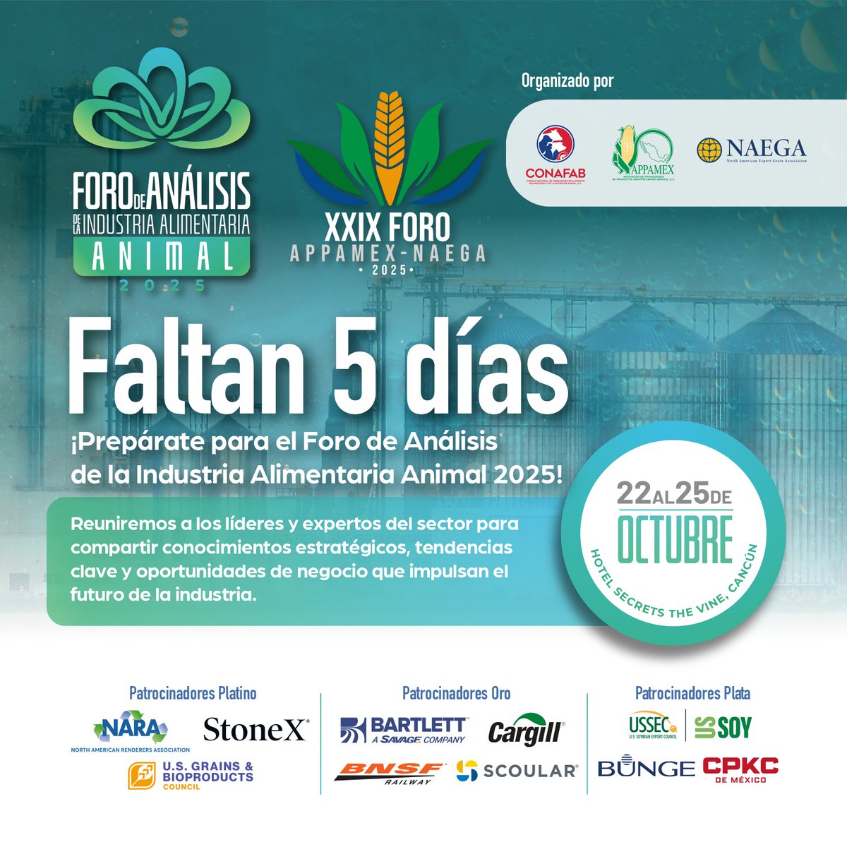 Conafab's tweet image. 📣 ¡Ya estamos a 5 días del Foro de Análisis CONAFAB–APPAMEX 2025!

Un espacio único para conectar con líderes del sector, analizar tendencias y generar oportunidades de negocio en la industria alimentaria animal.

🔗 Regístrate aquí: eventos.conafab.org/forodeanalisis/