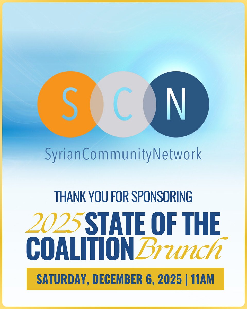 Muslim Civic Coalition (@mciviccoalition) on Twitter photo We’re proud to share that the Syrian Community Network is joining us as a Nonprofit Partner Sponsor for the 2025 State of the Coalition Brunch.
Reach out today at Info@MuslimCivicCoalition.org.
bit.ly/2025BrunchTick… We’re proud to share that the Syrian Community Network is joining us as a Nonprofit Partner Sponsor for the 2025 State of the Coalition Brunch.
Reach out today at Info@MuslimCivicCoalition.org.
bit.ly/2025BrunchTick…