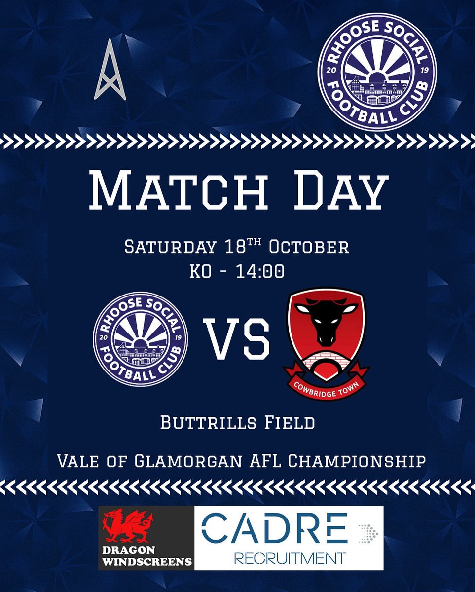 📣 MATCHDAY TOMORROW!
We’re back at Buttrills Field as Rhoose Social FC take on Cowbridge Town FC 💪

📅 Saturday 18th October
⏰ Kick-off: 2:00PM
📍 Buttrills Field

Let’s keep the momentum going and make it count 💙

#RhooseSocialFC #Matchday #UpTheSocial #WelshFootball