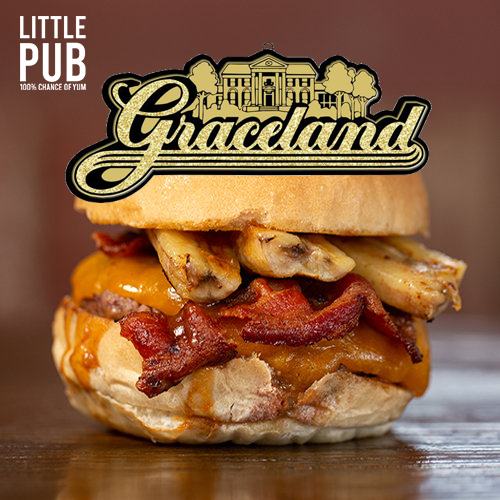 It's the return of one of our most requested burgers: The Graceland — a fresh-ground, hand-packed Angus beef patty topped with smoked bacon, melting cheddar, grilled bananas, and spicy Thai peanut sauce. Limited engagement- this weekend only. TCB⚡ !