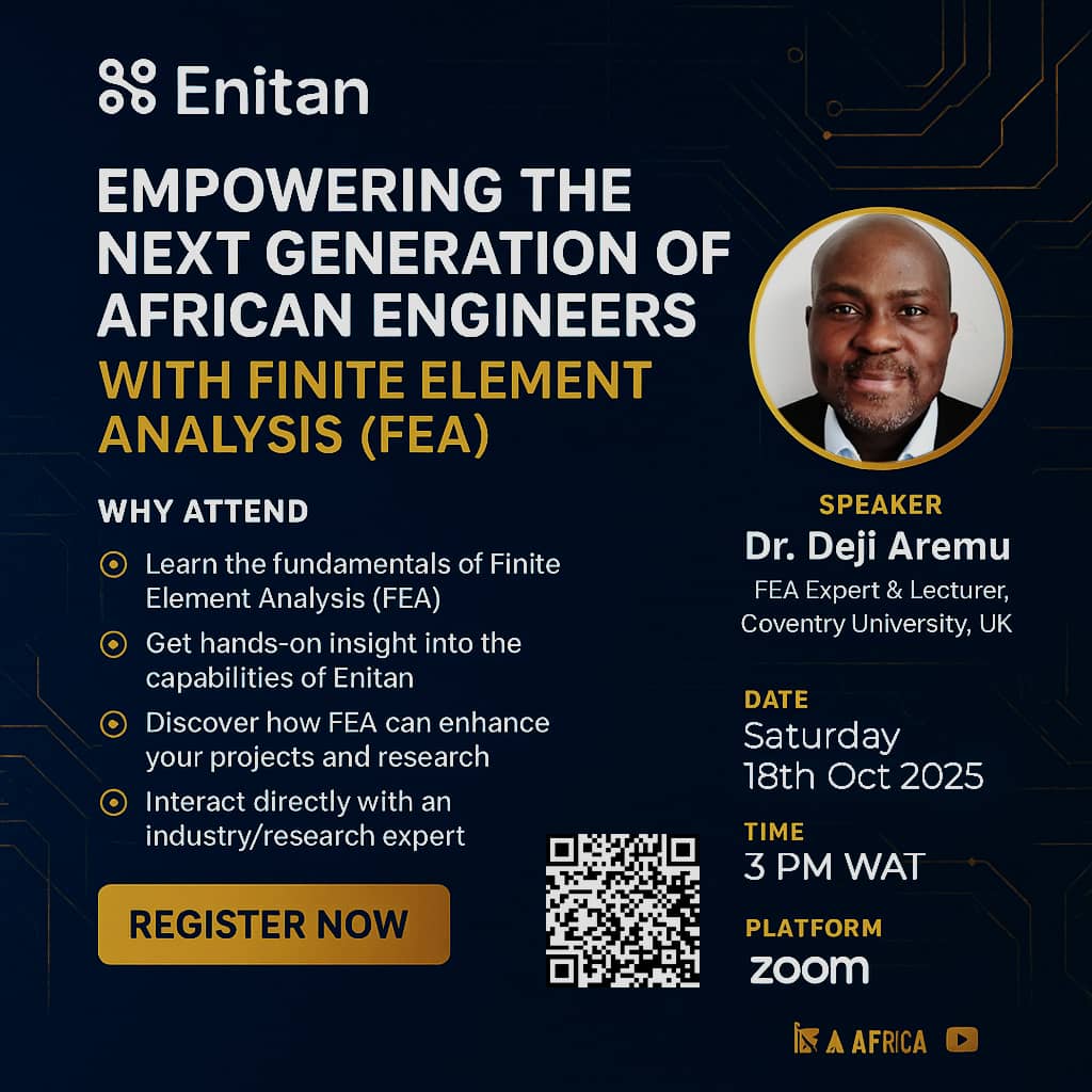 Leii_nerd's tweet image. 💥 Africa’s 1st Indigenous Finite Element Analysis Software - Enitan 💥
Join a FREE virtual lecture with Dr. Adedeji Aremu, one of Africa’s top FEA experts 🎓
📅 3pm Oct 18, 2025
🔗 Register: edu.enitan.co/lecture/hG0zh0…
#FiniteElementAnalysis #MadeInAfrica #EngineeringInnovation