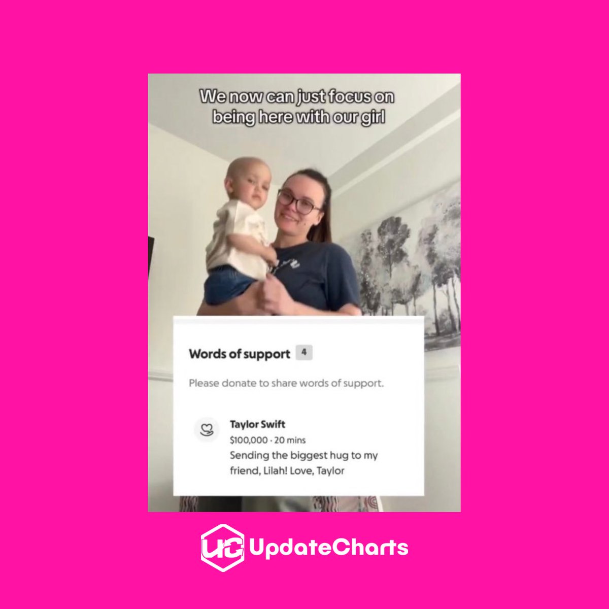 updatecharts's tweet image. Taylor Swift doou $100 MIL dólares para Lilah, uma garotinha que está fazendo tratamento contra o câncer:
“Enviando um grande abraço para a minha amiga, Lilah! Com amor, Taylor.”