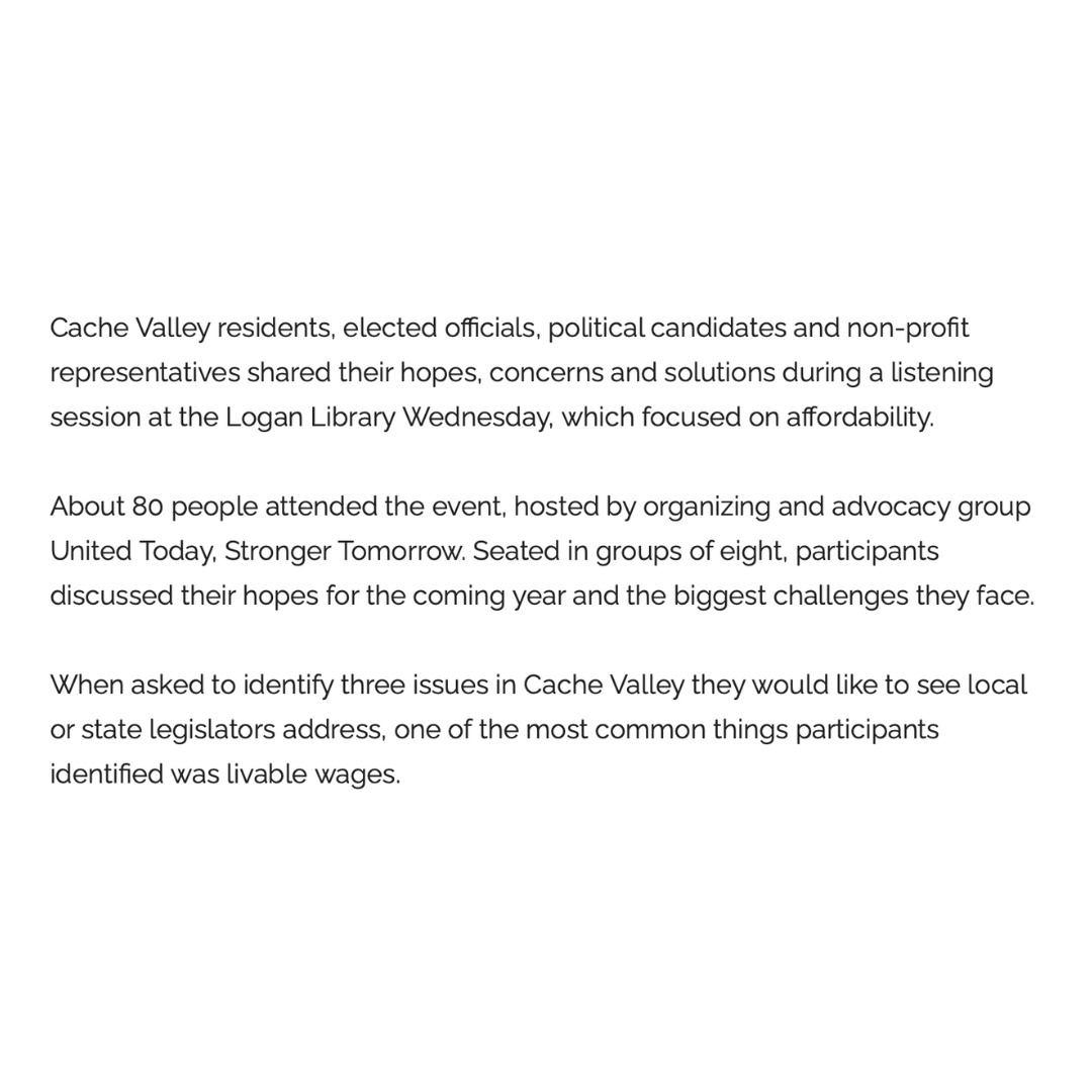 💬 What an inspiring evening in Cache Valley!

Community members came together for a listening session focused on affordability challenges. We heard real stories, raised big ideas, and proposed solutions to make life more sustainable for all.

Thank you to everyone who showed up