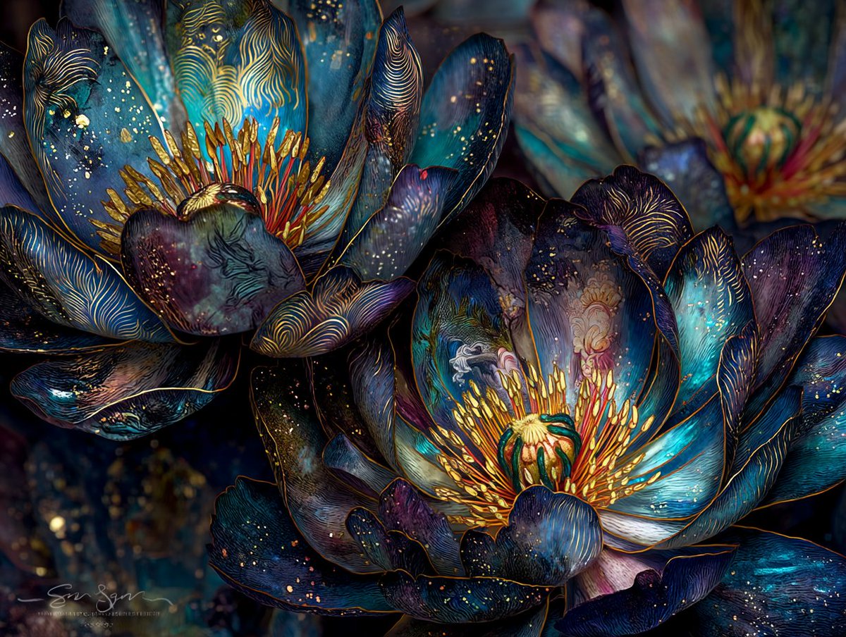 KingyFish's tweet image. Here are some fantastical flowers, I hope you enjoy 😊❤️💜💙
#AIart #Aiartwork #Midjourney #digitalart