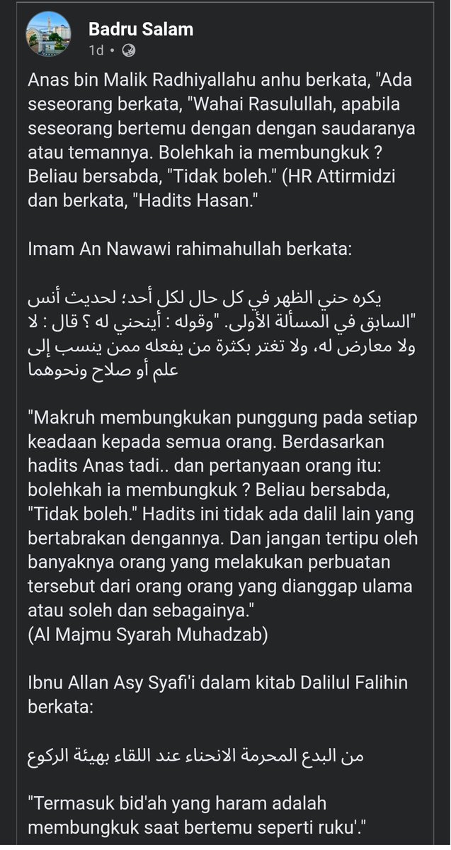 Just_Ab1's tweet photo. Pendapat para imam Syafi'iyyah tentang MEMBUNGKUK kpd manusia saat #mereka saling bertemu.

Ternyata, #mereka TIDAK MEMBOLEHKANNYA!

Semoga yg mengaku bermadzhab Syafi'i paham ttg bahasan ini.

Wallaahu a'lam.
via ustadz Badru @UB_CintaSunnah hafidzahullaah.

#renunganSubuh https://t.co/kEu5wJCZlj